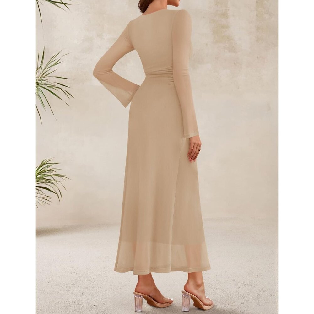 Zesica Women's Solid Apricot Ruched Mesh Long Sleeve Floral Bodycon Dress - Picture 4 of 6